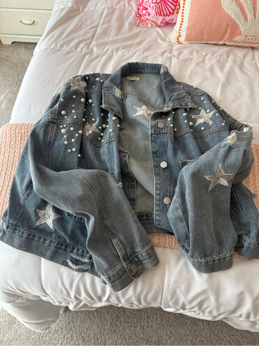 POL Embellished Light Blue Denim Jacket with Stars & Pearls
